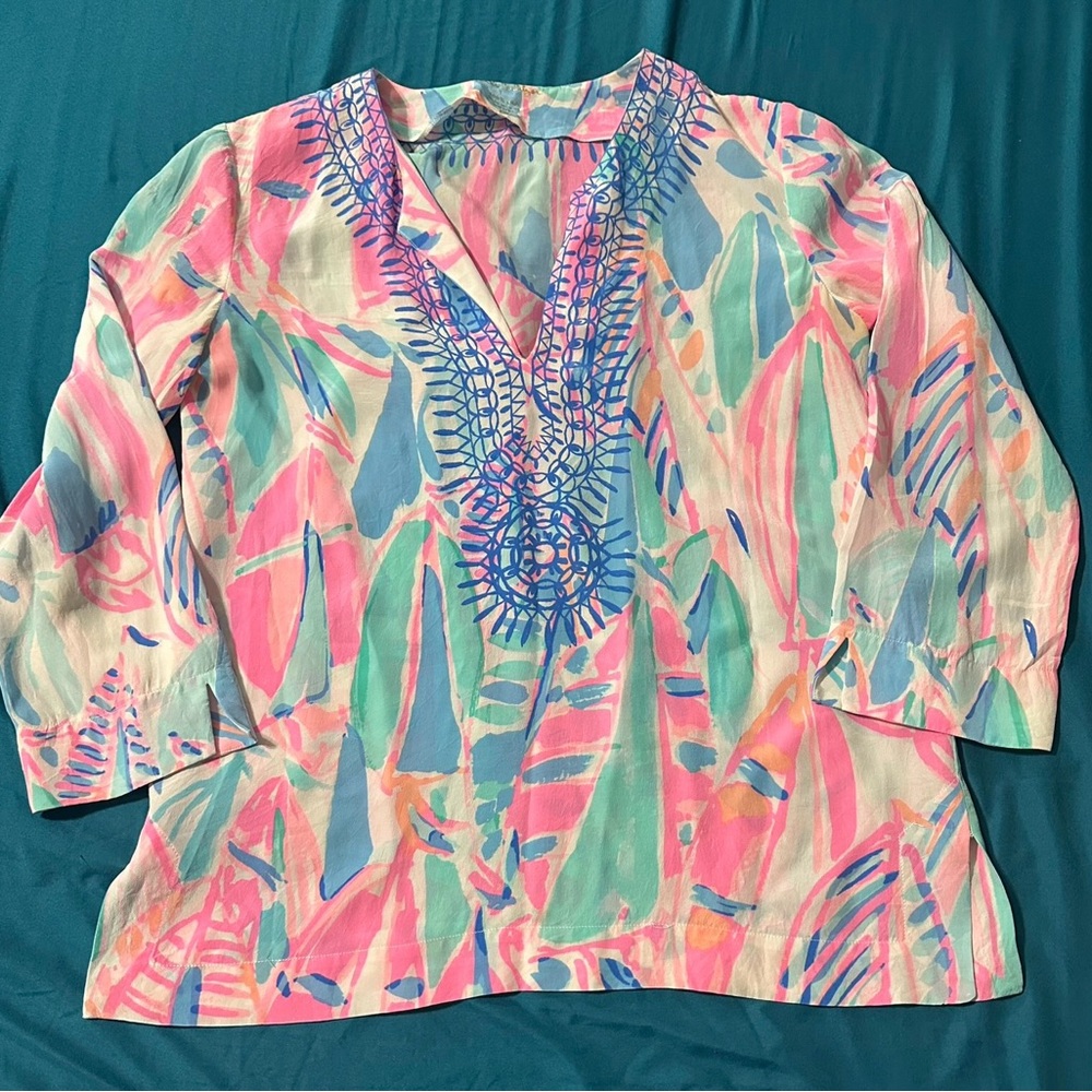 LILLY PULITZER AMELIA ISLAND TUNIC OUT TO SEA 100%‎ Silk Blouse Top Sz S